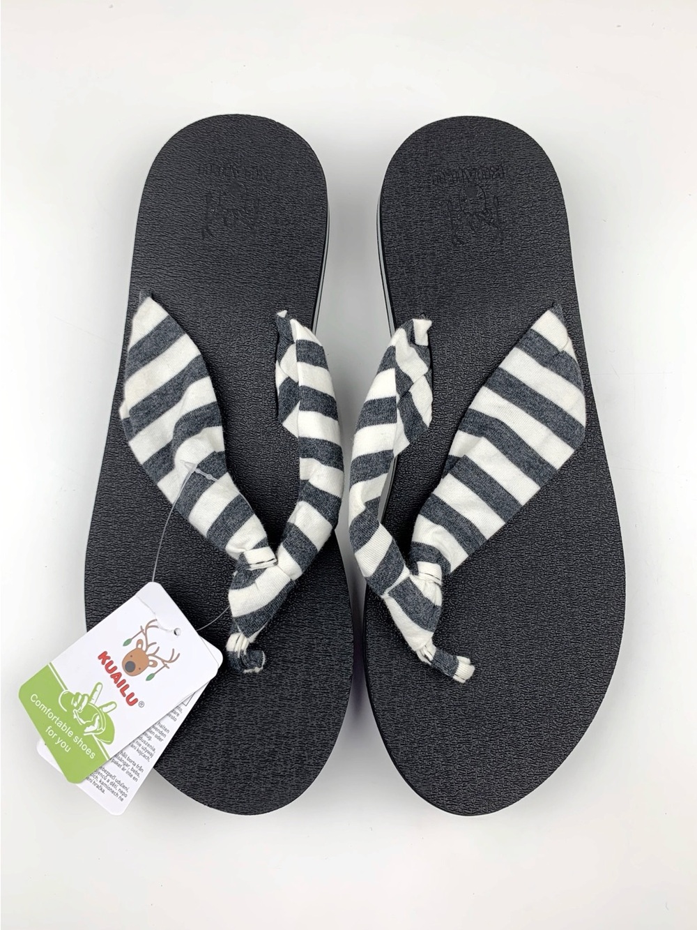 New Kuailu Flip Flops Sandals Slip On Grey White Striped Fabric Women's 11